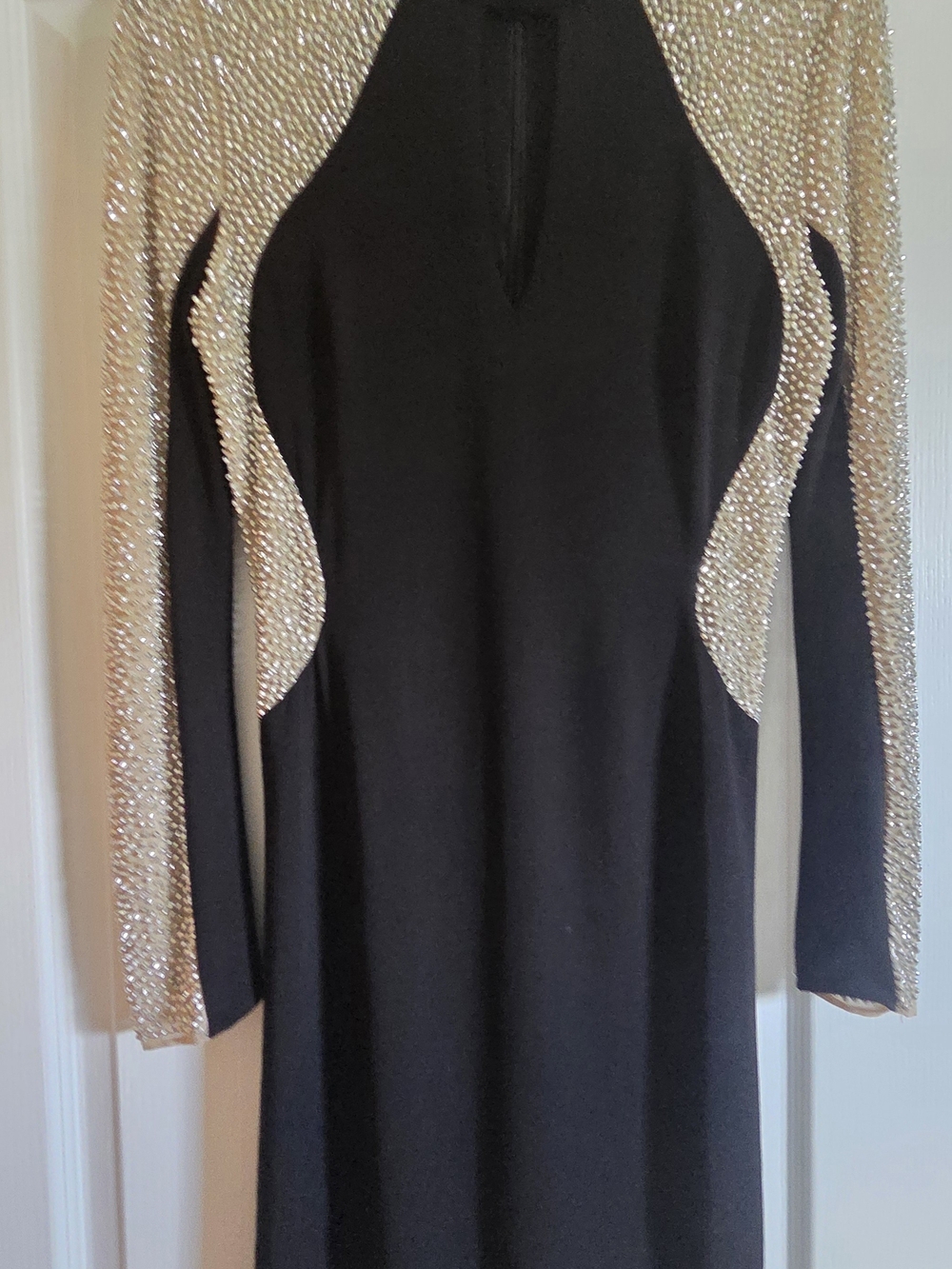 Xscape Black Long Sleeve Dress with Gold Sequin Panels